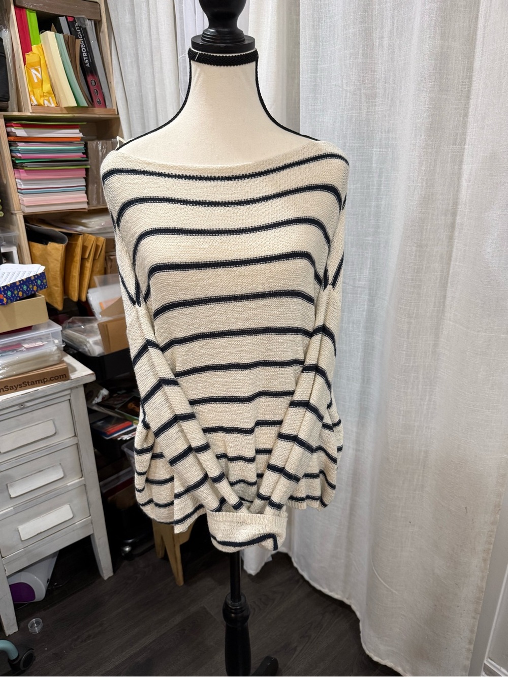 Pull&Bear Cream and Navy Striped Off-the-Shoulder Sweater